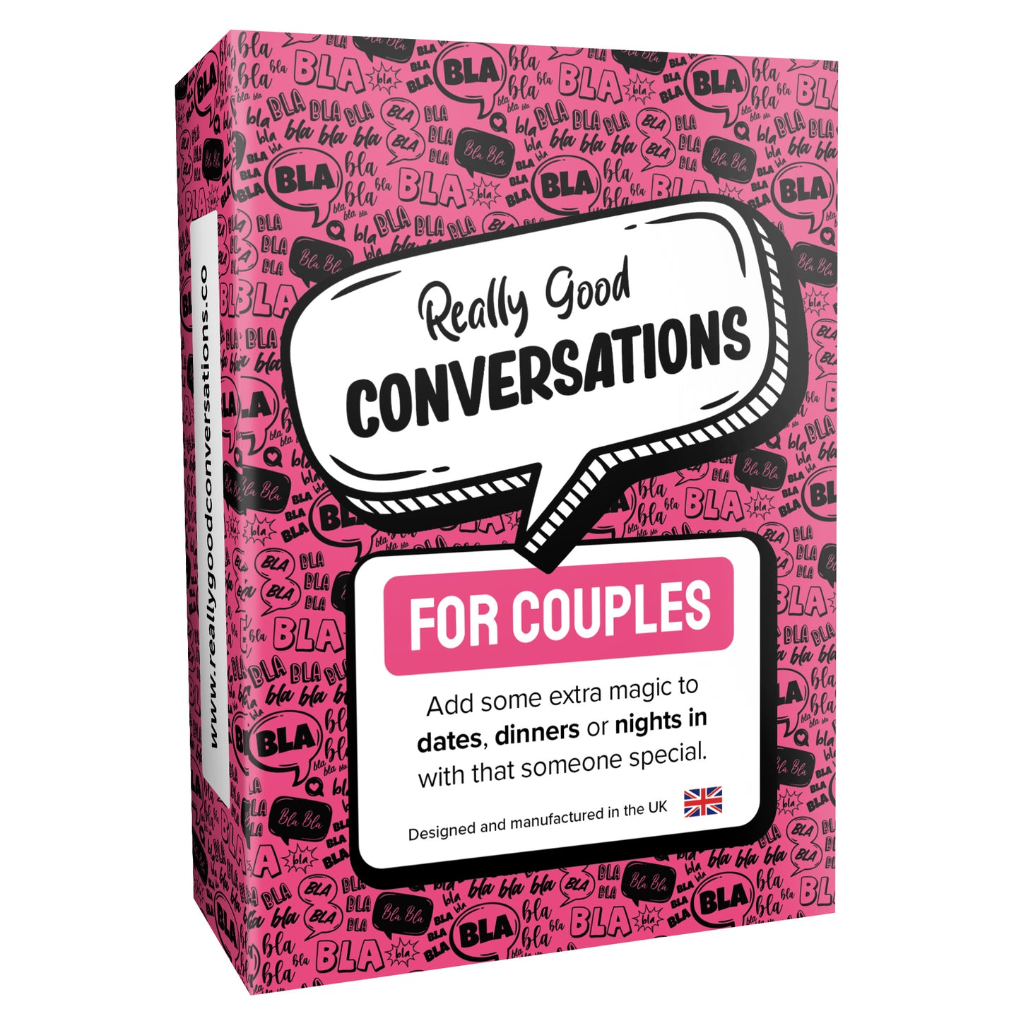 A box of the card game 'Really Good Conversations for Couples' with a pink background, text, and playful graphics.