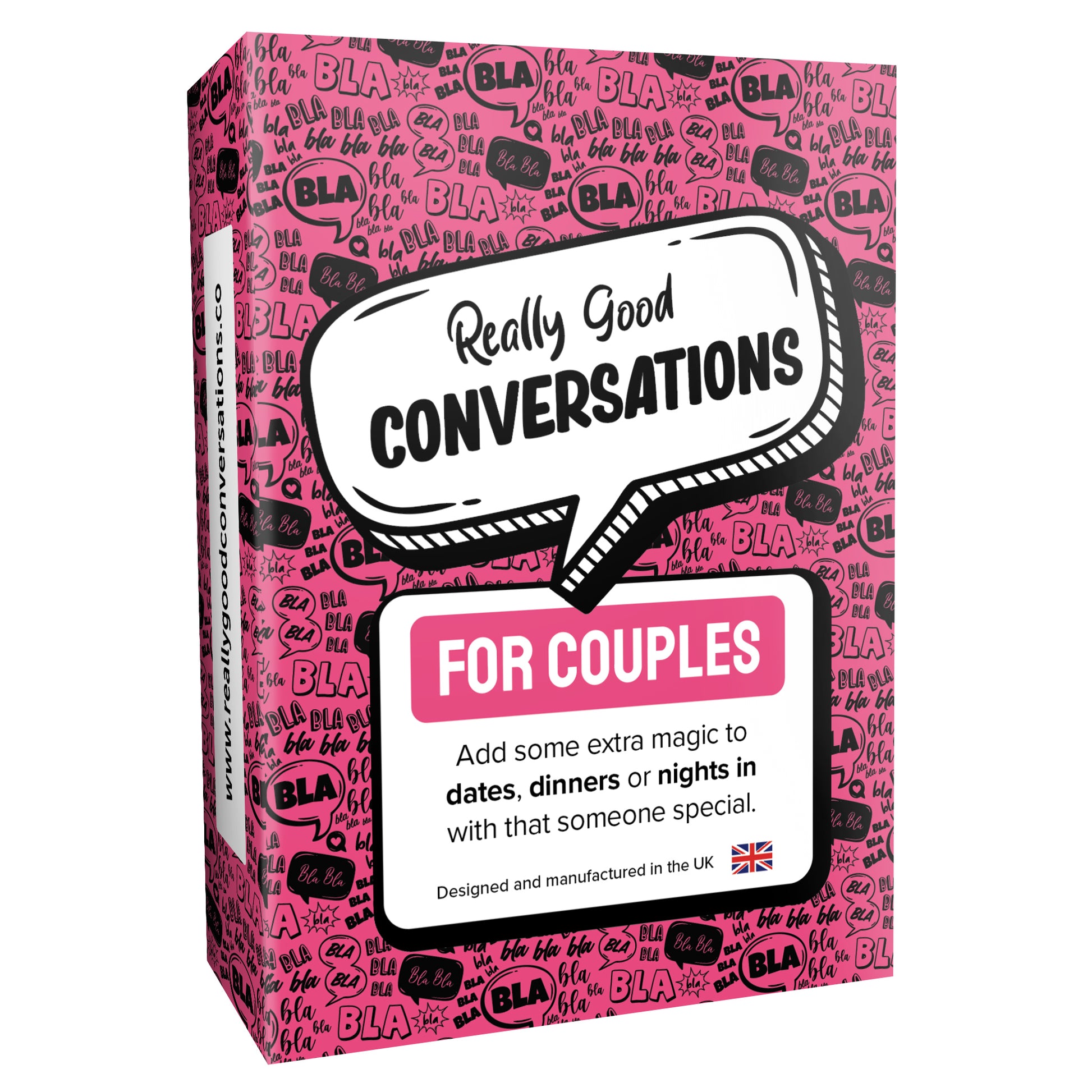 A box of the card game 'Really Good Conversations for Couples' with a pink background, text, and playful graphics.