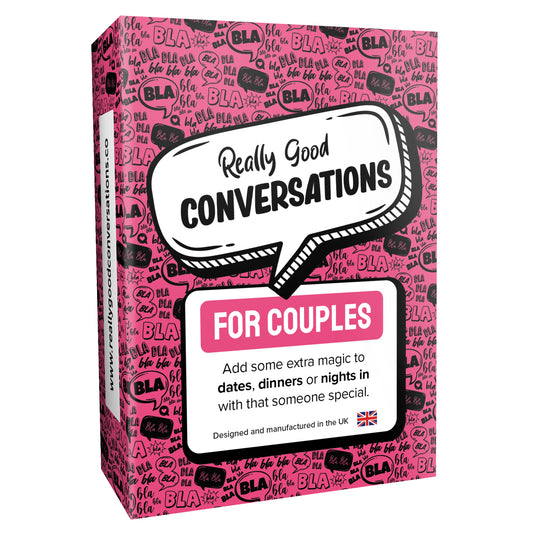 A box of the card game 'Really Good Conversations for Couples' with a pink background, text, and playful graphics.